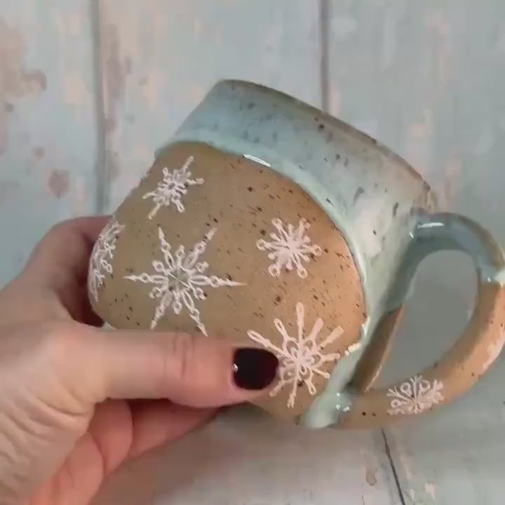 Green Christmas Snowflake Mug, Handmade Ceramic Cup