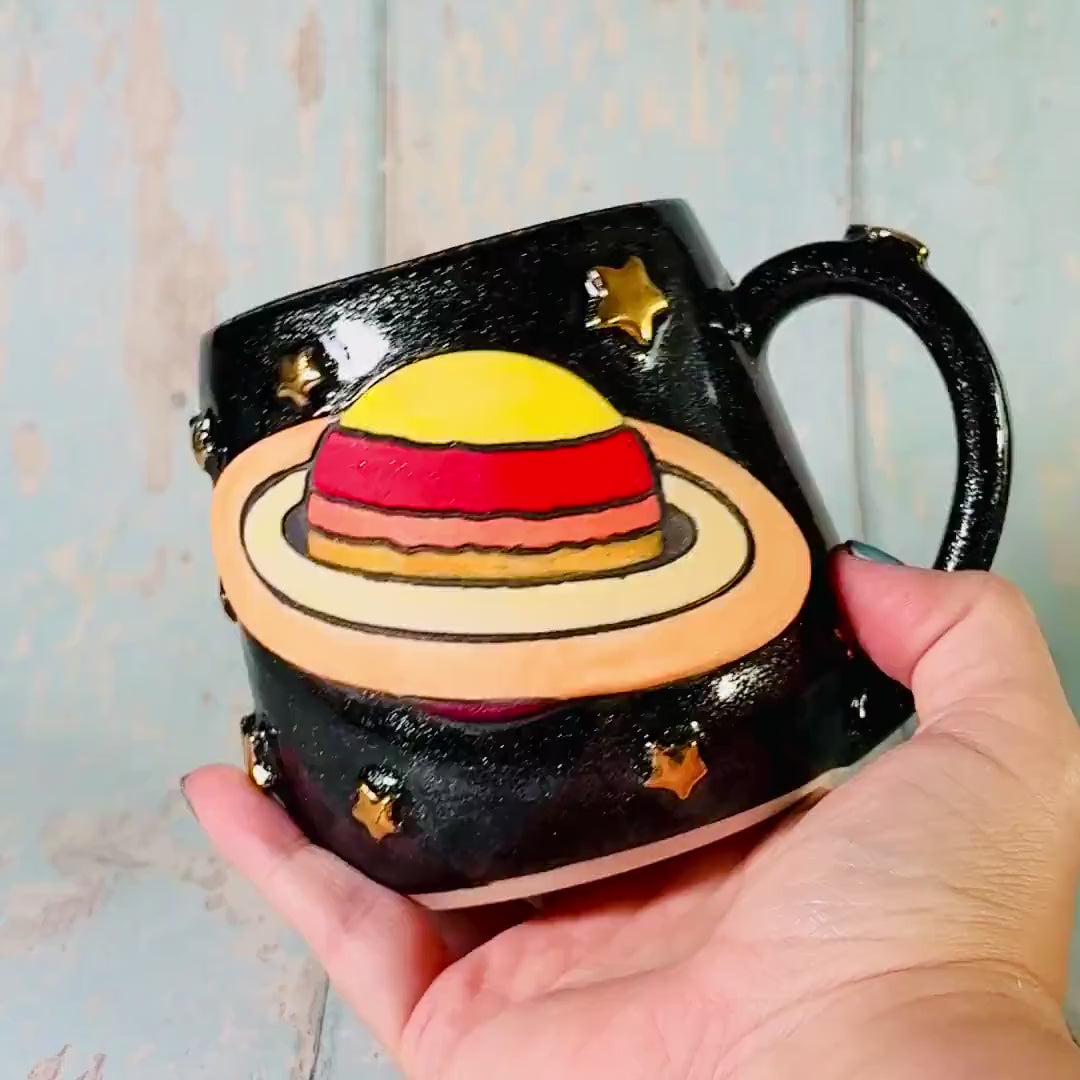 Black Space Saturn Mug, Large Ceramic Cup