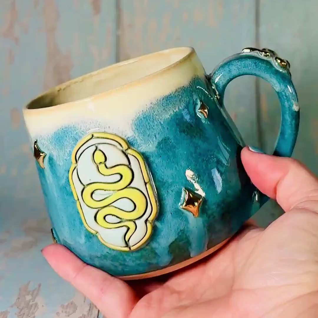Teal Green Snake Mug, Handmade Ceramic Cup