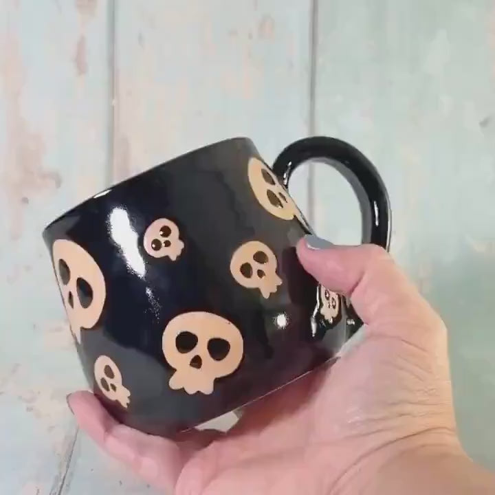 Black Skull Mug, Handmade Ceramic Cup, Spooky Halloween Mug
