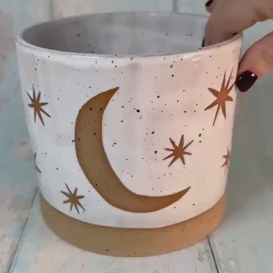 White Moon and Star Planter, Ceramic Plant Pot