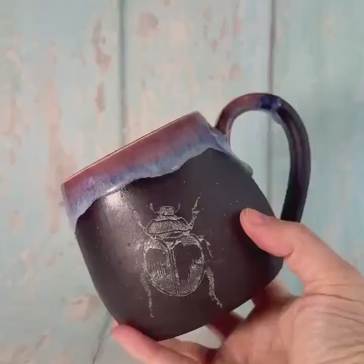 Purple & Black Beetle Mug, Large Ceramic Cup