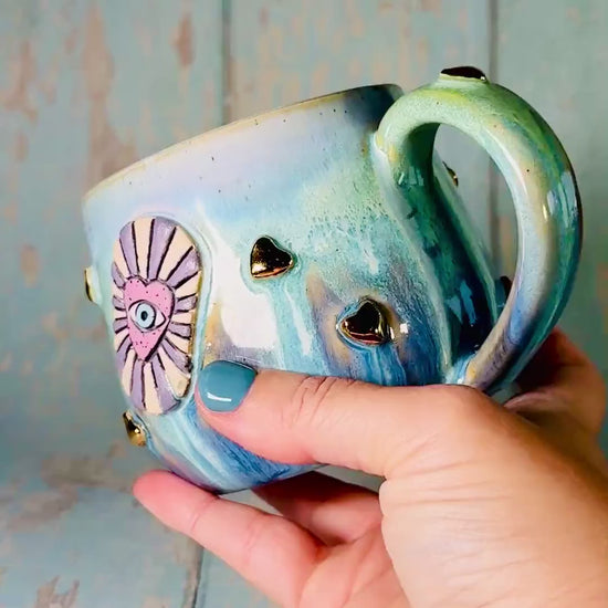 Blue Heart Mug, Boho Ceramic Cup