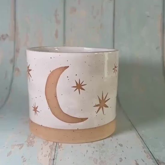White Moon and Star Planter, Ceramic Plant Pot