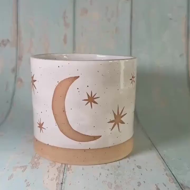 White Moon and Star Planter, Ceramic Plant Pot