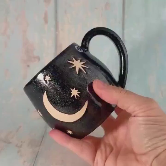 Black Glitter Moon & Star Celestial Mug, Ceramic Cup