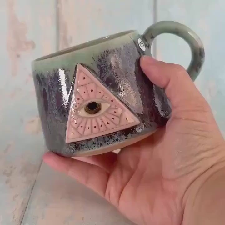 Mystical Pyramid Mug, Handmade Green, Pink and Red Ceramic Cup