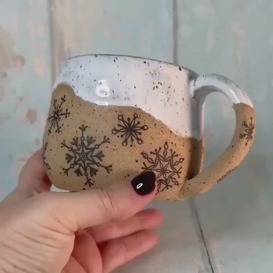 Black and White Christmas Snowflake Mug, Handmade Ceramic Cup