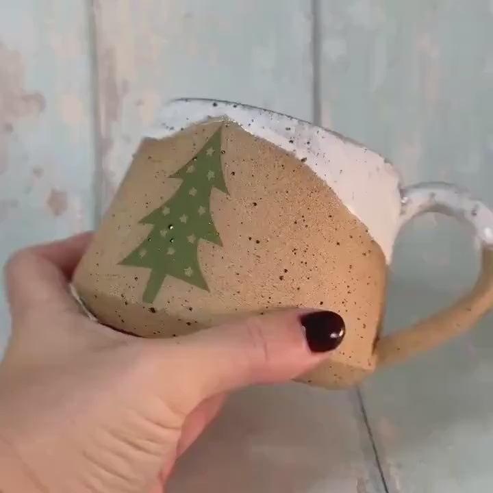 White and Green Christmas Tree Mug, Handmade Ceramic Cup