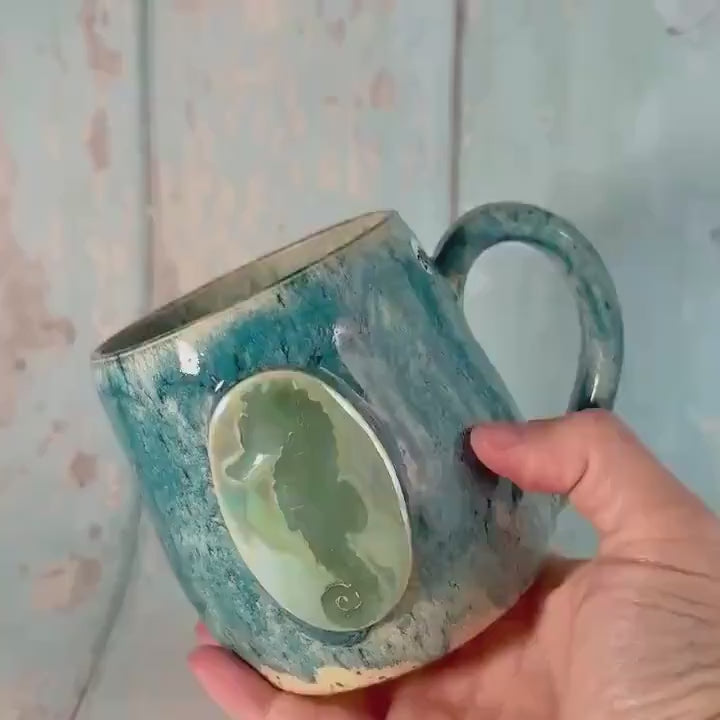 Blue & Green Seahorse Mug, Large Ceramic Cup