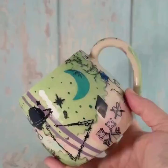 Green Collage Patchwork Mug, Handmade Ceramic Cup