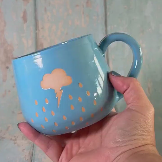 Blue Rain Mug, Handmade Ceramic Cup, Lightening Weather
