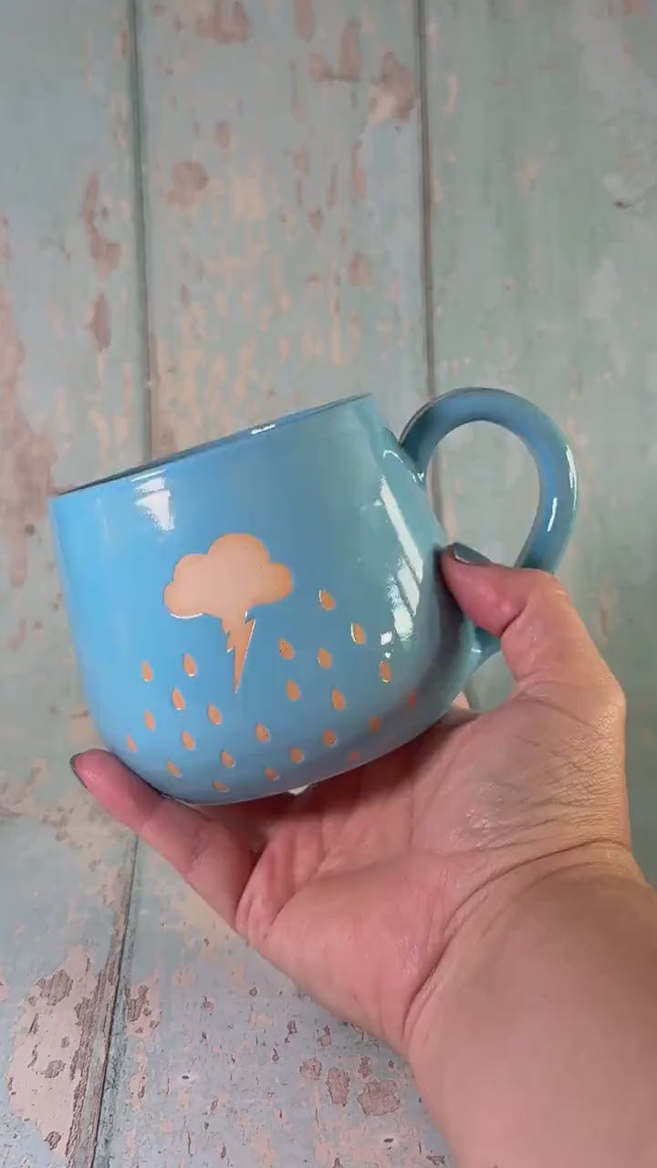 Blue Rain Mug, Handmade Ceramic Cup, Lightening Weather