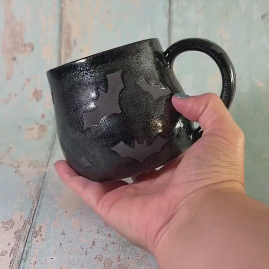 Glittery Black Bat Mug, Handmade Ceramic Cup, Spooky Halloween Mug