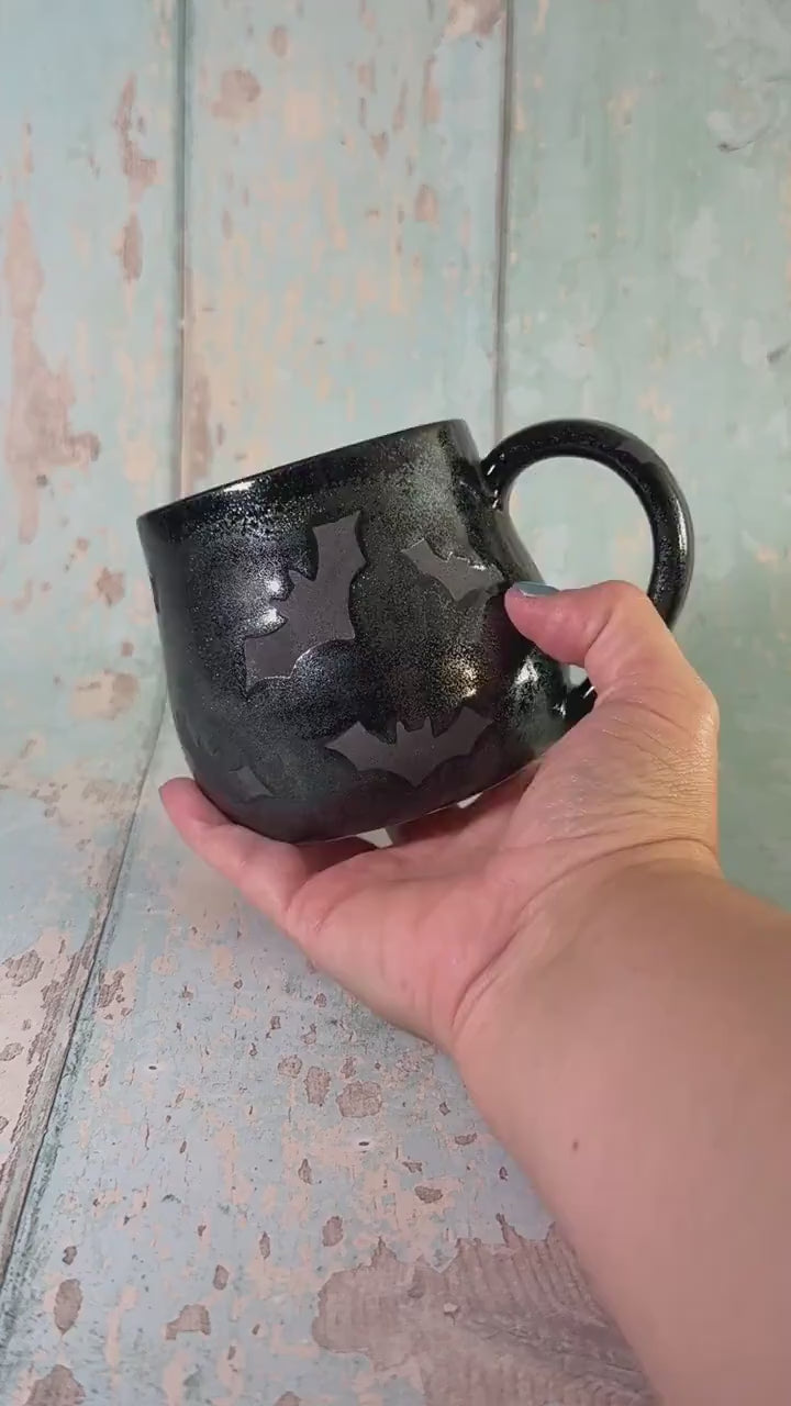 Glittery Black Bat Mug, Handmade Ceramic Cup, Spooky Halloween Mug