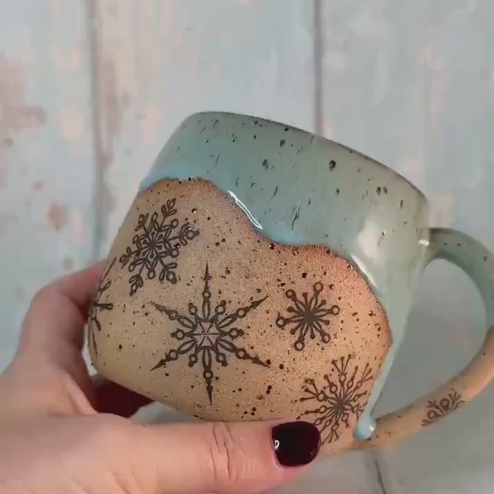 Black and Turquoise Christmas Snowflake Mug, Handmade Ceramic Cup