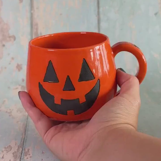 Orange Halloween Pumpkin, Jack O Lantern Mug, Large Ceramic Cup