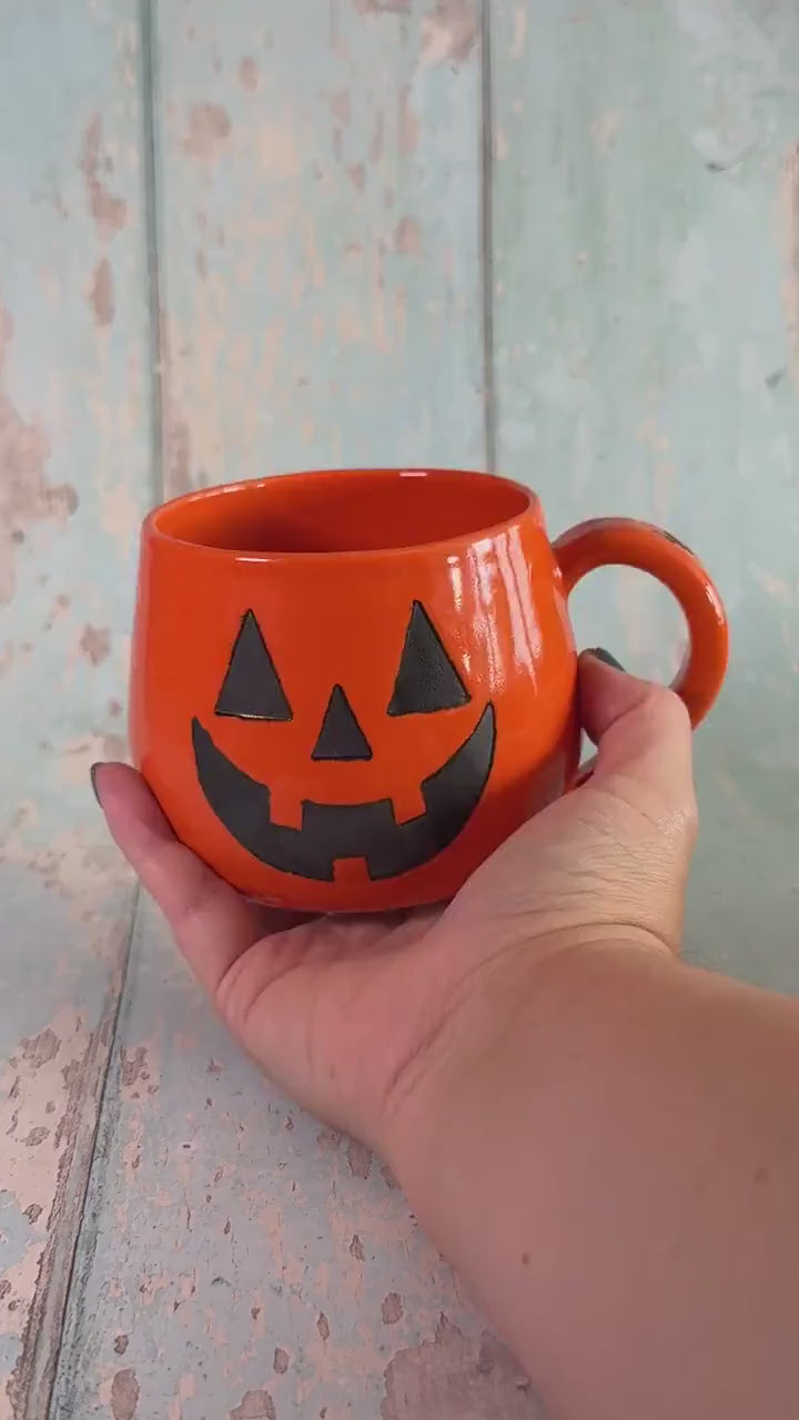 Orange Halloween Pumpkin, Jack O Lantern Mug, Large Ceramic Cup