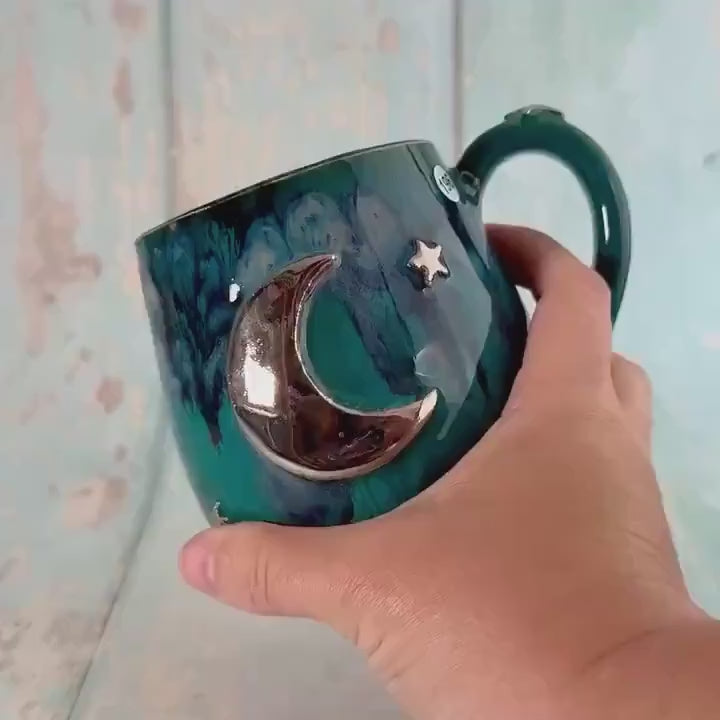 Teal Moon & Star Mug, Large Ceramic Cup