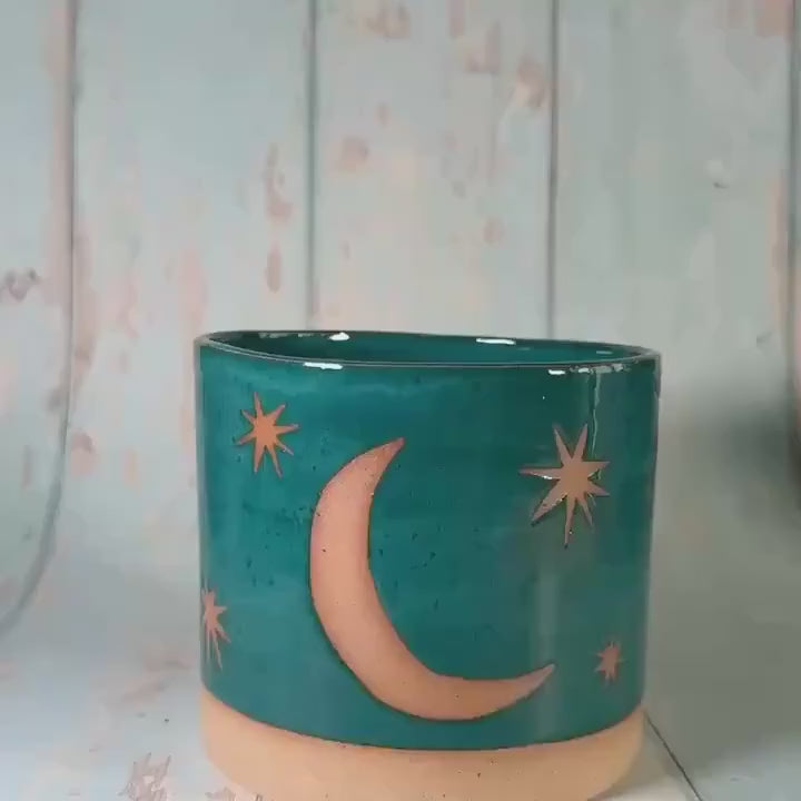 Teal Green Moon and Star Planter, Ceramic Plant Pot