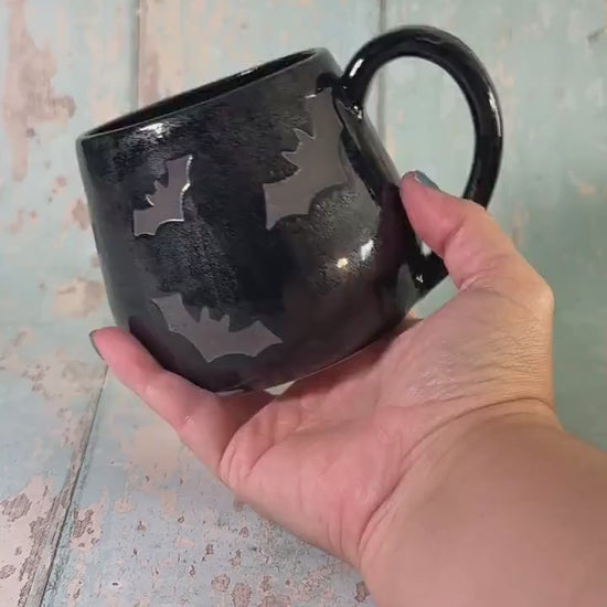 Glittery Black Bat Mug, Handmade Ceramic Cup, Spooky Halloween Mug