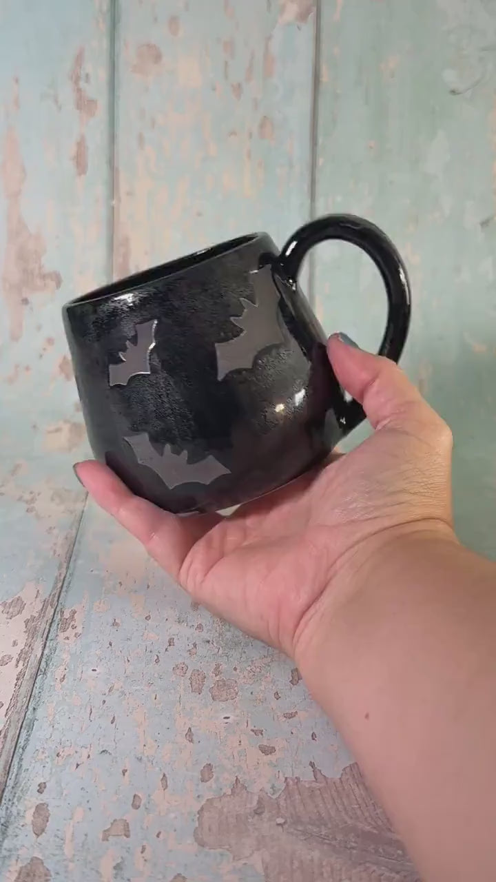 Glittery Black Bat Mug, Handmade Ceramic Cup, Spooky Halloween Mug
