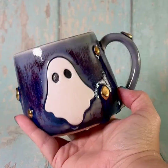 Purple Ghost Mug, Handmade Ceramic Cup, Spooky Halloween Mug