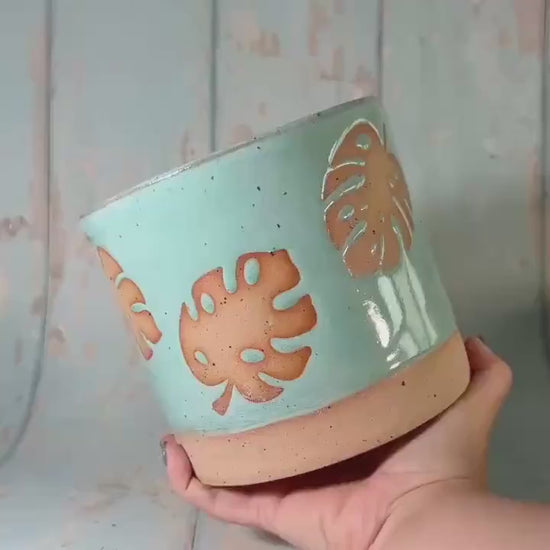 Aqua Green Monstera Planter, Ceramic Plant Pot