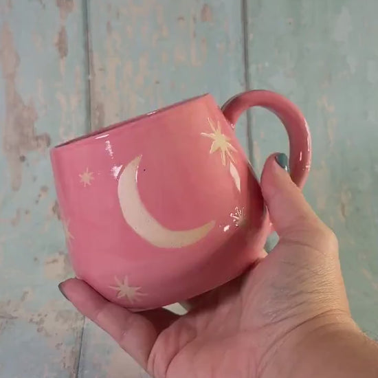 Pink Moon & Star Celestial Mug, Large Ceramic Cup