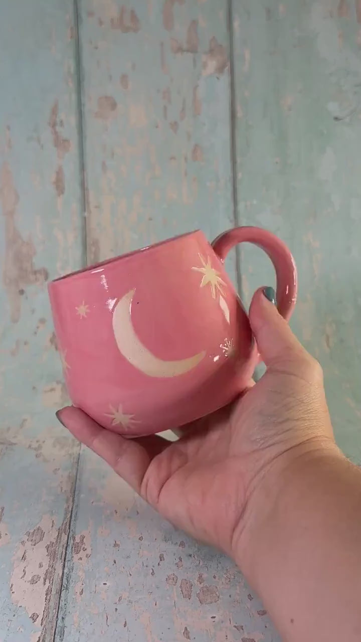 Pink Moon & Star Celestial Mug, Large Ceramic Cup
