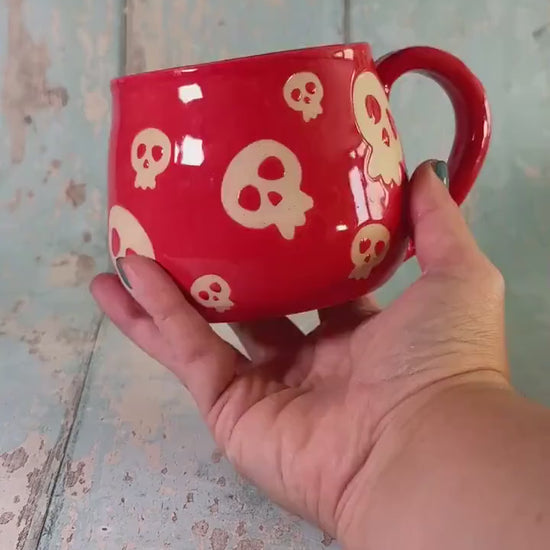 Coral Pink Skull Mug, Handmade Ceramic Cup, Spooky Halloween Mug