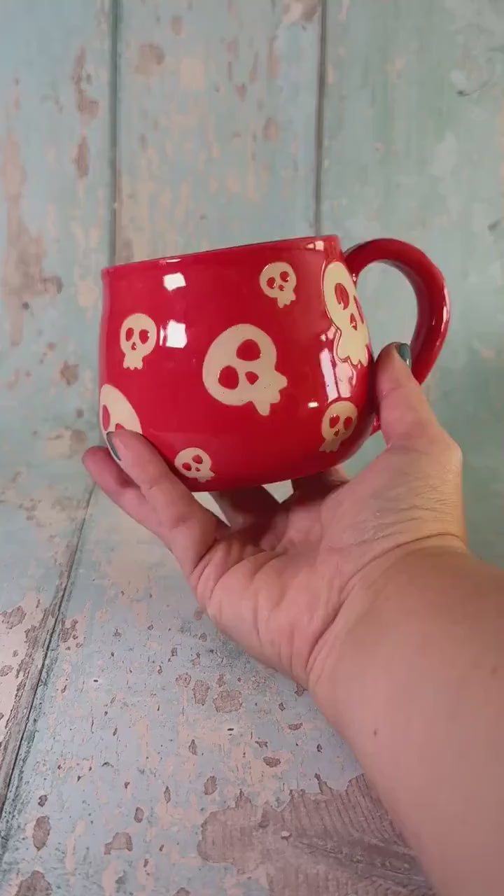 Coral Pink Skull Mug, Handmade Ceramic Cup, Spooky Halloween Mug