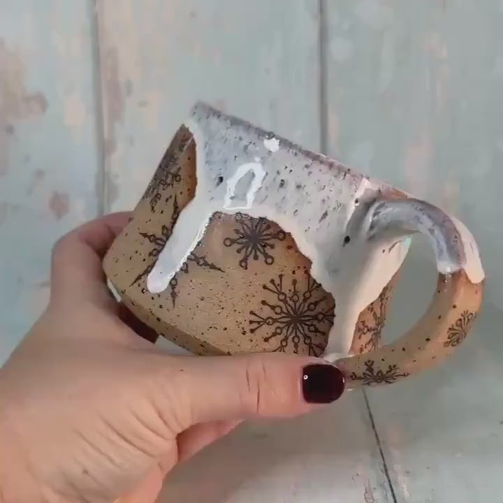 Black and White Christmas Snowflake Mug, Handmade Ceramic Cup