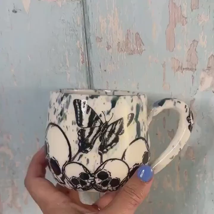 Skull and Butterfly Mug, Blue Green Handmade Ceramic Cup