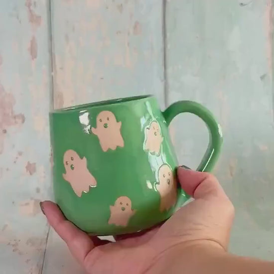 Green Ghost Mug, Handmade Ceramic Cup, Spooky Halloween Mug