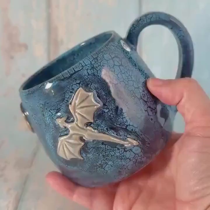 Handmade Blue Dragon Mug, Large Ceramic Cup