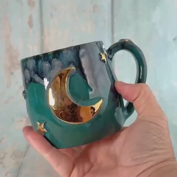Teal Moon & Star Mug, Large Ceramic Cup