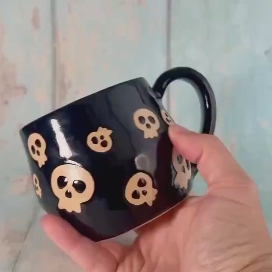 Black Skull Mug, Handmade Ceramic Cup, Spooky Halloween Mug