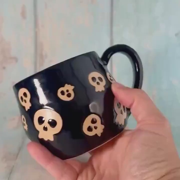 Black Skull Mug, Handmade Ceramic Cup, Spooky Halloween Mug