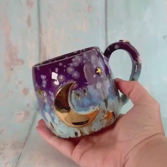 Purple, Blue & Gold Moon Celestial Mug, Large Ceramic Cup