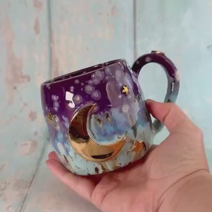 Purple, Blue & Gold Moon Celestial Mug, Large Ceramic Cup