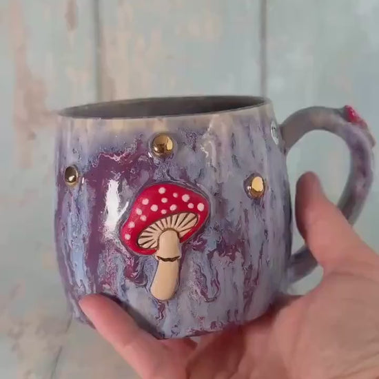 Purple and Red Mushroom Mug, Fungi Ceramic Cup