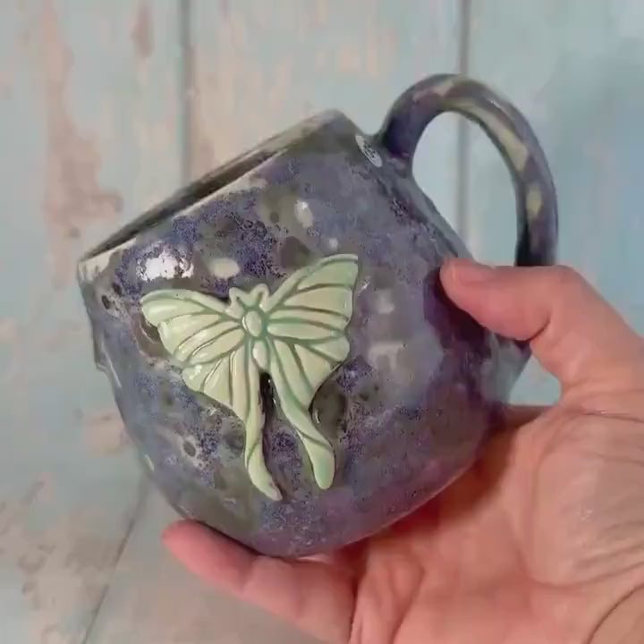 Purple and Green Luna Moth Mug, Large Ceramic Cup - Second