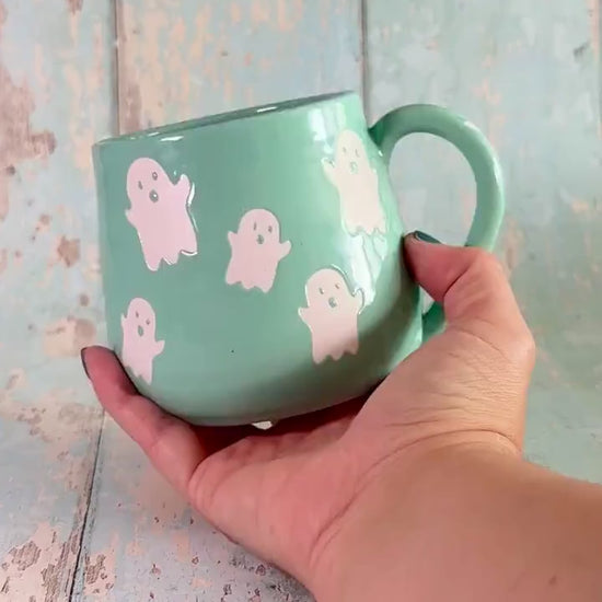 Turquoise Ghost Mug, Handmade Ceramic Cup, Spooky Halloween Mug