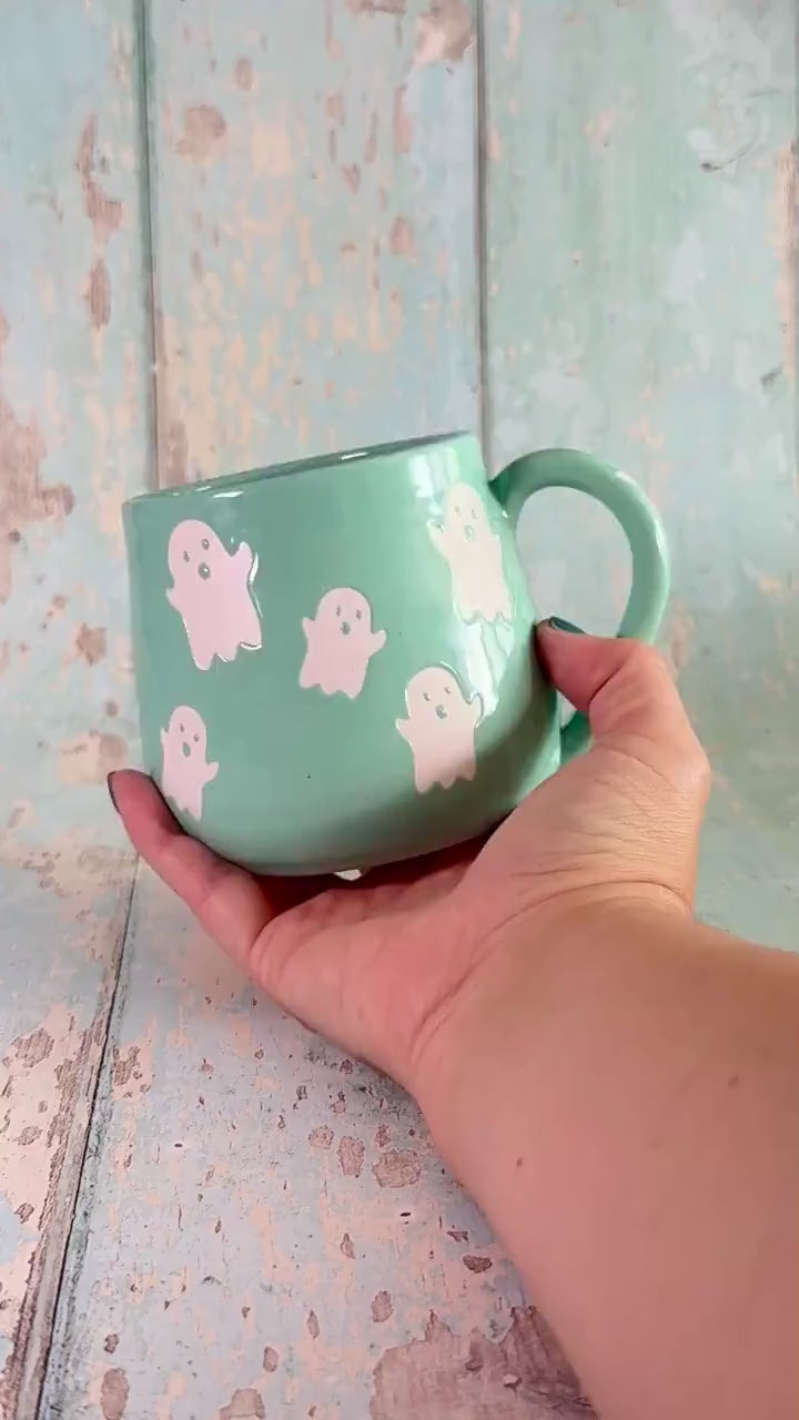 Turquoise Ghost Mug, Handmade Ceramic Cup, Spooky Halloween Mug