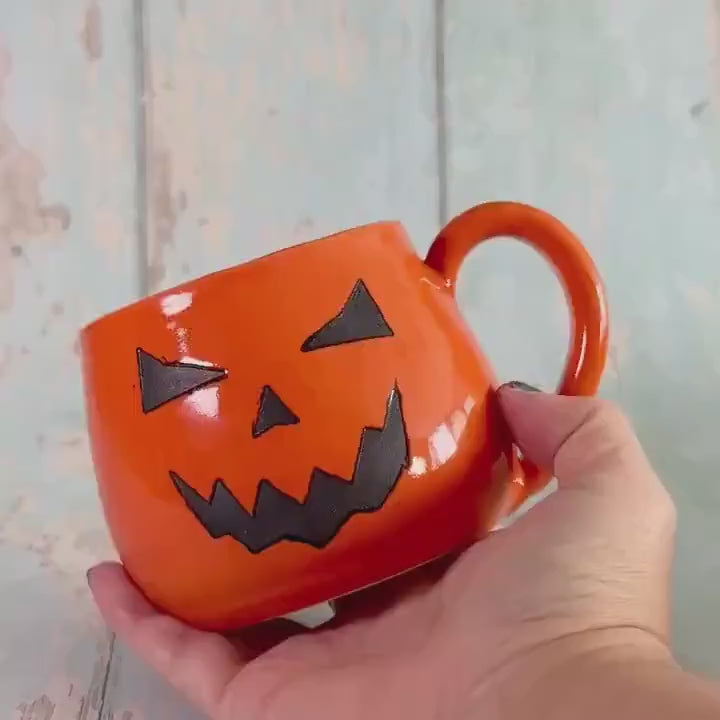 Orange Halloween Pumpkin, Jack O Lantern Mug, Large Ceramic Cup - Second