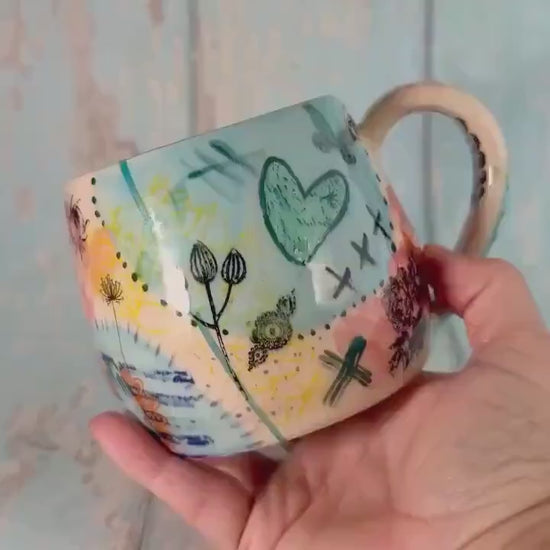 Blue Collage Mug, Handmade Ceramic Cup
