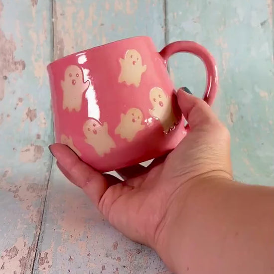 Pink Ghost Mug, Handmade Ceramic Cup, Spooky Halloween Mug