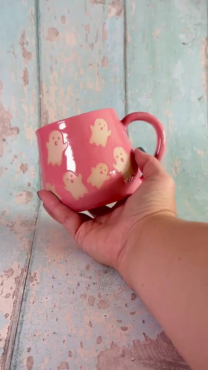Pink Ghost Mug, Handmade Ceramic Cup, Spooky Halloween Mug
