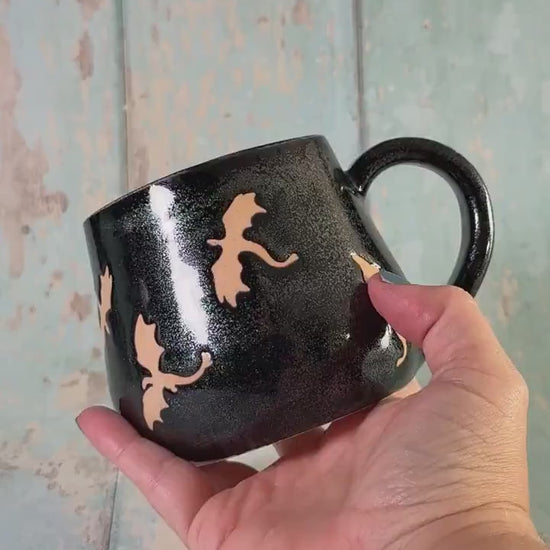 Glittery Black Dragon Mug, Handmade Ceramic Cup